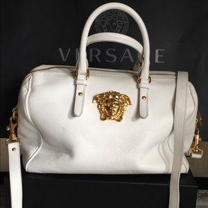 Versace White Leather Satchel W/ Gold Medusa Head